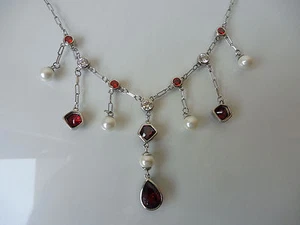 Nobile Catena__ Collier__ 925 Argento __ Con Perle E Pietre __ - Foto 1 di 5