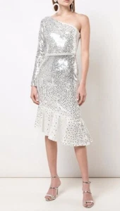 Marchesa Notte Silber Glitzer Cocktailkleid Pailletten asymmetrisch Rüschensaum Gr. 0 - Bild 1 von 15