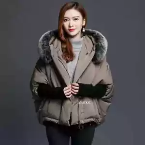 Damen Echt Fuchspelz Kragen Umhang Cape Daunen Kapuze Jacke Fledermausärmel M-6XL - Bild 1 von 9