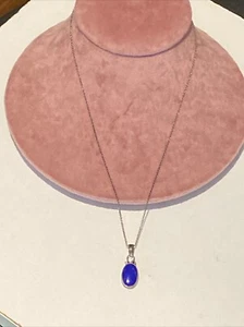 VINTAGE PB 925 GEM CABOCHON VIBRANT LAPIS LAZULI BEZEL SET CZ PENDANT NECKLACE - Picture 1 of 8