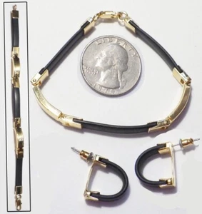 Flat Black Rubber & Gold Plate Panels Bracelet, D Shaped Stud Earrings Set 7.25" - Picture 1 of 3
