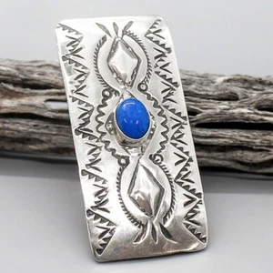 NAVAJO-HAND STAMPED STERLING SILVER & LAPIS MONEY CLIP-JENNIE BLACKGOAT - Picture 1 of 3