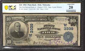 1902 $10 FIRST NATIONAL BANKNOTE CURRENCY FR.624 ORD NEBRASKA PCGS 20 VF (319D) - Picture 1 of 2