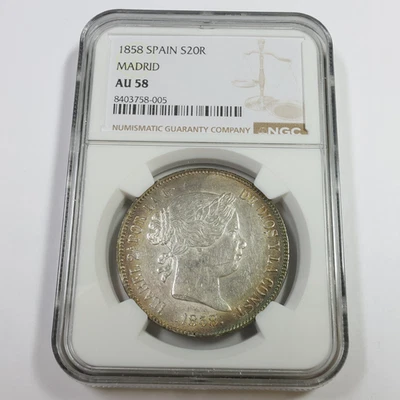 1854 NGC AU58 - Moneda 20R Plata Tonificada España #58008A Foto 1 de 4
