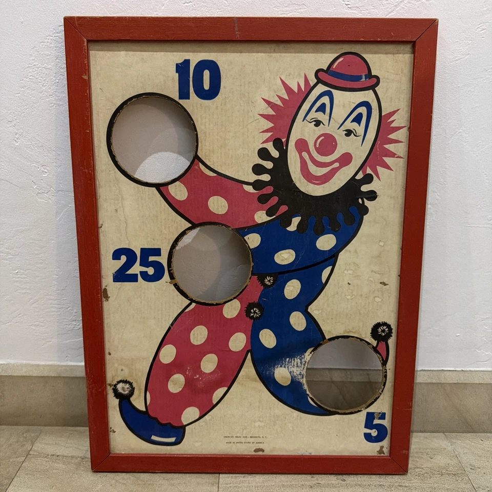 JUEGO DE AGUJERO DE MAÍZ Vintage Años 50 Carnaval Payaso Bolsa de Frijoles Tablero de Lanzamiento Foto 1 de 4