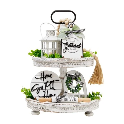Set of 16 Farmhouse Tiered Tray Decor with 1 Lantern Artificial Plant& Cuttin... - Image 1 of 4