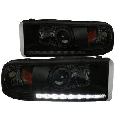 Black Smoke Fit 1994-2001 RAM 1500 2500 3500 LED Strip Projector Headlights - Image 1 of 4