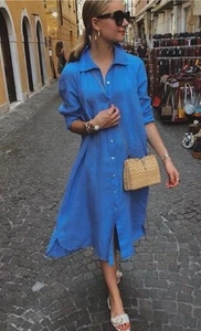 ZARA Sz XL Blue Linen Dress NWT Relaxed Fit 3/4 Sleeve Midi Shirt Pockets - Picture 1 of 9