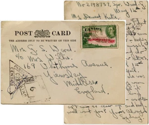 CEYLON DOUBLE CENSORED POSTCARD 30c WW2 FPO 40 to YIEWSLEY GB 1942 MESSAGE WARD - Picture 1 of 3