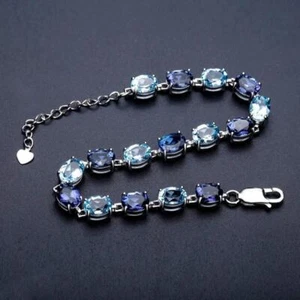 Natural Oval Sky Blue Topaz Mystic Quartz Gemstone 925 Sterling Silver Bracelet - Picture 1 of 5