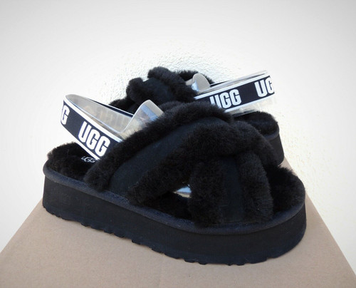 SANDALI UGG NERI DISCO CROSS PELLE DI PECORA LANUGINE SLIDE PLATFORM US 11 EUR 42 ~NUOVI