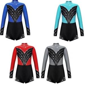 Kids Girls One Piece Long Sleeve Jumpsuit Shinny Rhinestone Biketard Dancewear - Picture 1 of 39