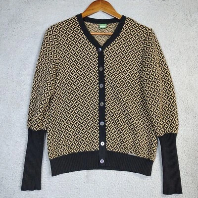 Geiger Cardigan Women's 40 Black Tan Geometric 100% Pure New Wool Classic Preppy - Image 1 of 4