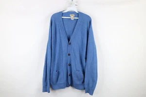 Vintage LL Bean Mens Large Blank Lambswool Knit Pocket Cardigan Sweater Blue - Picture 1 of 10