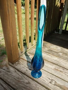 Vaso vetro oscillante vichingo vintage 22" MCM piedistallo 6 petali bluenique blu acqua - Foto 1 di 24