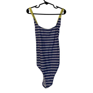 Mini Boden Striped Swimsuit With Yellow Straps Size 11-12Y Blue & White - Picture 1 of 5