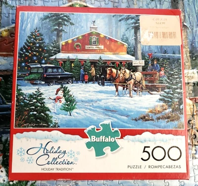 COMPLETO Buffalo Kovach TRADICIÓN NAVIDEÑA 500 Rompecabezas Grueso Árbol de Navidad Granja Foto 1 de 4