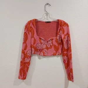 Zara Floral Sweetheart Long Sleeve Knit Crop Top, Size S - Bild 1 von 7
