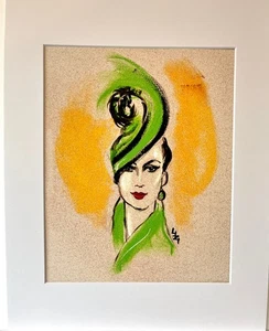 FASHION ART PRINT;THE GREEN HAT;A4; RETRO;DRAMATIC COSTUME;HAND DRAWN LIZI ART - Picture 1 of 11