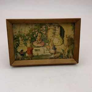 Vintage Framed Bunny Picnic Postcard 1950s Retro  - Picture 1 of 5