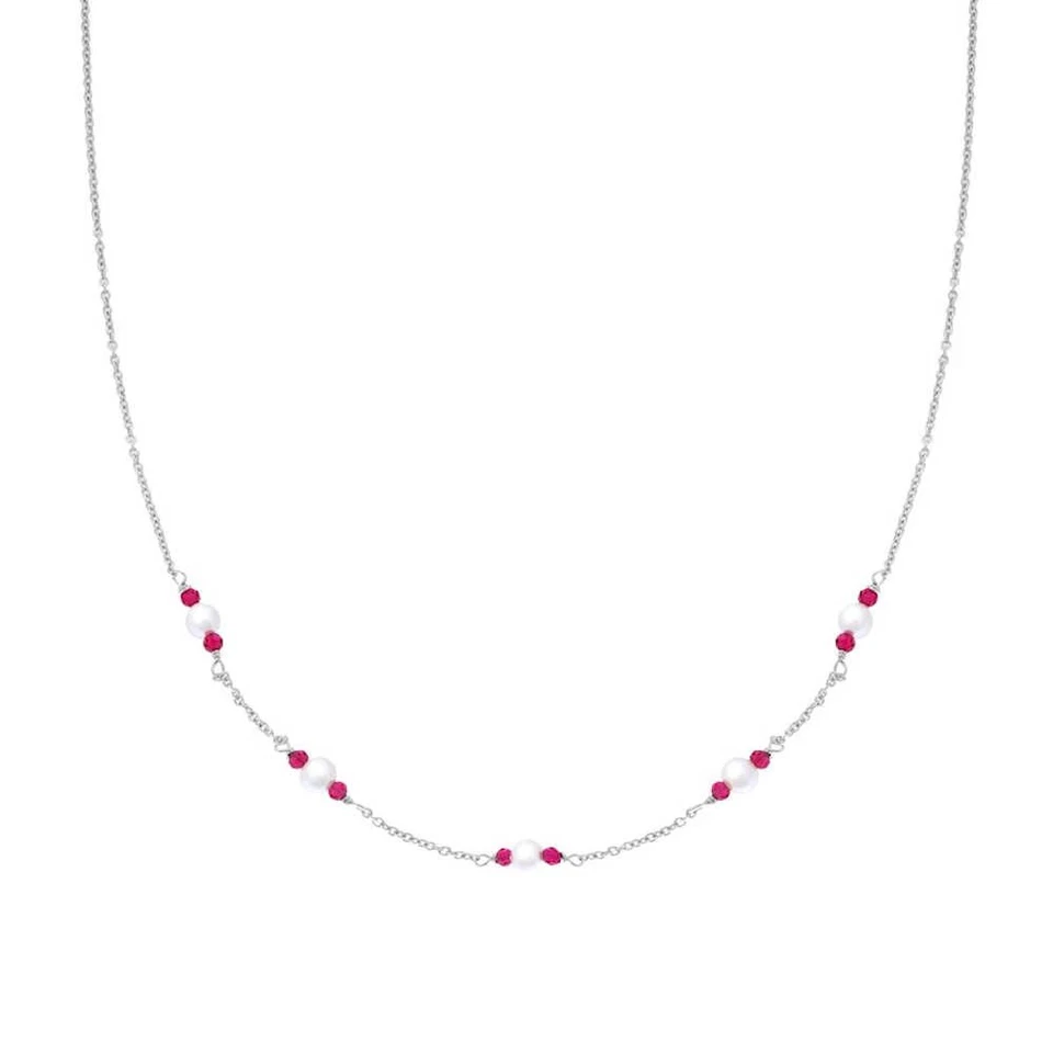 Collana Catena Rolo Diamantata con Perle e Crystal Rosso Rubino in Argento 925 - Immagine 1 di 2