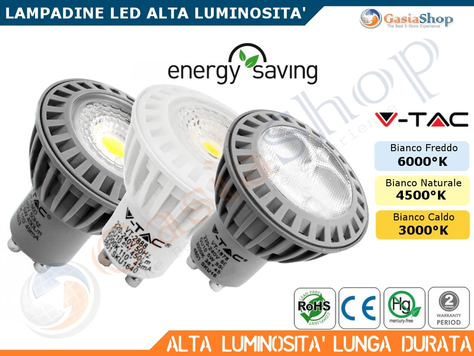 LAMPADINA LED V-TAC GU10 MR16 GU5.3 DA 2W A 7W 3000 4500 6000 ALTA LUMINOSITA - Immagine 1 di 1