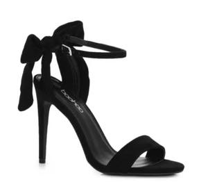 Boohoo Olivia Bow Back 2 Part Heels Womens UK 4 EU 37 Black Faux Suede Sandals - Picture 1 of 3