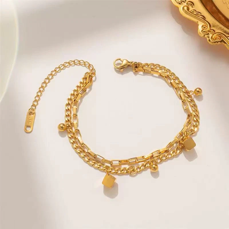 Женщина 18K золото покрытием титана стали кубики коробка обочины цепочка браслет - Изображение 1 из 4