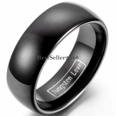 Alianza de boda anillo de carburo de tungsteno con cúpula pulida negra de 8 mm para hombre talla 6-16 + mitad Foto 1 de 4