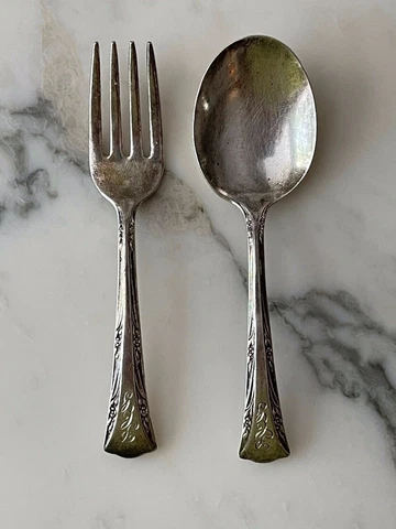 Antique 1938 GORHAM Greenbrier Pattern 4.5” Sterling Silver Baby Fork and Spoon Cover