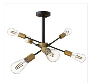 25 Inch 6-light Black Sputnik Modern Linear Semi-flush Mount with age Brass Sock - Picture 1 of 4