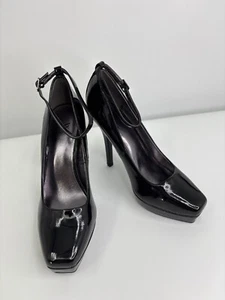 Worthington Platform Ankle Strap Patent Pump Heels Square Toe Black 8M - Picture 1 of 7
