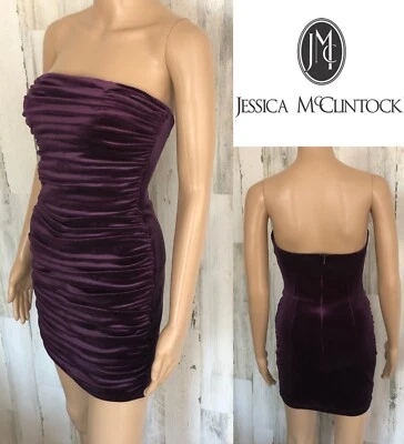 Mini Vestido Vintage Jessica McClintock Sin Tirantes Cóctel Fiesta Ciruela Acanalada 2 Foto 1 de 4