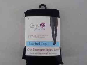 SECRET TREASURES 2 PAIR SUPER OPAQUE CONTROL TOP TIGHTS SIZE SMALL BLACK NIP - Picture 1 of 8