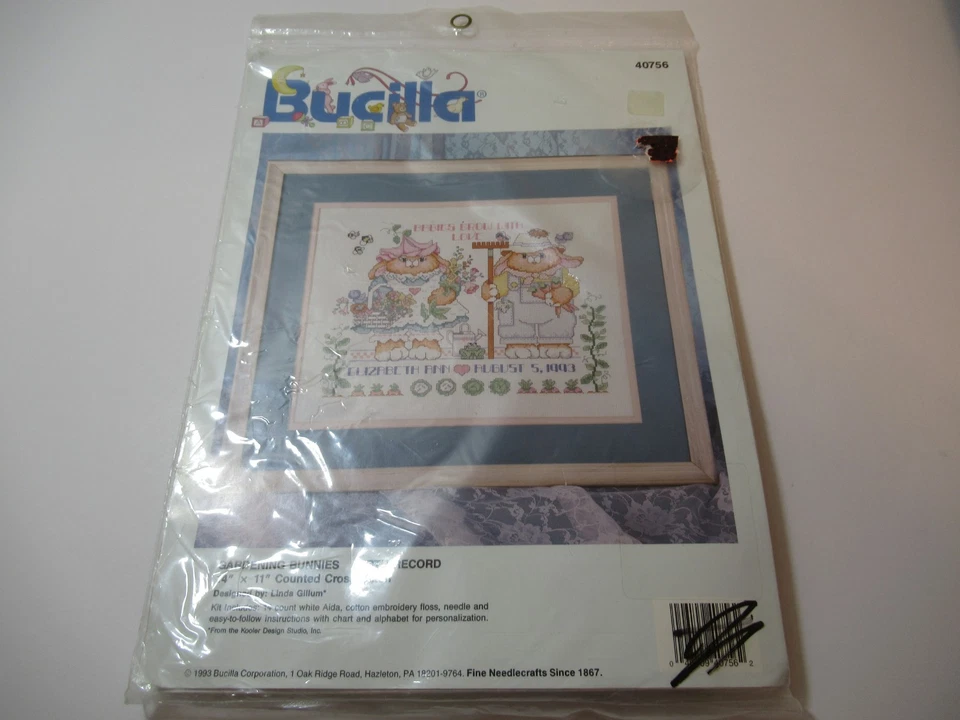 New Bucilla Counted Cross Stitch Gardening Bunnies Birth Record #40756 (1993) - Image 1 of 4