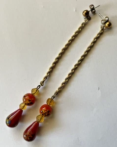 Vintage rot mit bunten Glas Hänger Tropfen 3-3/4" Ohrringe Pierce asiatisch? - Bild 1 von 7