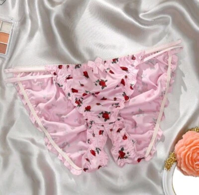 Open Split Bottom Crotchless Womans Floral Satin Panties Knickers CD TV L 12-14 - Image 1 of 4