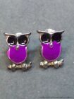 Vintage  Owl Stud Earrings Purple Black  Enamel Silver Tone Little Bird Retro 