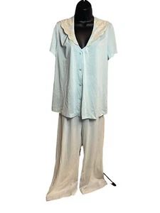 Vintage Vanity Fair Blue Nylon Lace Collar Button Up Top Elastic Waist Pajamas - Picture 1 of 12
