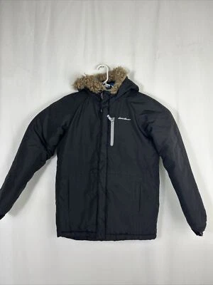 Eddie Bauer Youth 大号 14/16 全拉链派克大衣黑色羊毛衬里人造毛皮帽 — 第 1/4 张图片