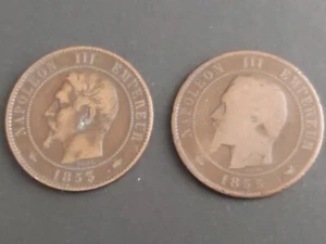 x2 antike Bronzemünzen Frankreich 10 Cent 1853 & 1855 Napoleon III - Bild 1 von 6