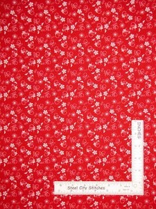 White Flowers Stems Leaves on True Red Cotton Fabric 49107-R Santee By The Yard - Picture 1 of 1