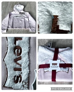 Levi's Logo Girls Pink Sparkle White Faux Fur Hood Lined Pullover Hoodie $44 New - Picture 1 of 17