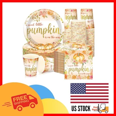 Juego completo de vajilla de baby shower Little Pumpkin de 200 piezas - Perfecto para 50 invitados Foto 1 de 4