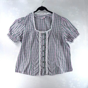 Dirndl Bluse Top Damen Größe 2X Eur 52 kariert grün lavendel Rüschen Oktoberfest - Bild 1 von 7