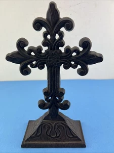 VINTAGE RUSTIC  CASTIRON FLEUR-DE-LIS  CROSS 10'' TALL - Picture 1 of 12