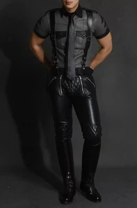 Herren Echtleder gesteppte Zimmermannshose grau & schwarz Leder Polizei Hemd - Bild 1 von 3