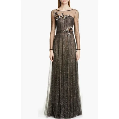 Vestido largo para mujer Marchesa Notte brillante de tul ilusión negro metálico talla 4 Foto 1 de 4