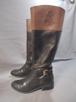 Botas de montar Ralph Lauren Madisen de cuero negras y marrones hasta la rodilla para mujer talla 5 Foto 1 de 4