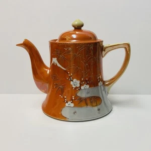 Rare Japanese Lusterware Orange Tea Pot Painted Cherry Blossoms Mountain Art 00 - Picture 1 of 17